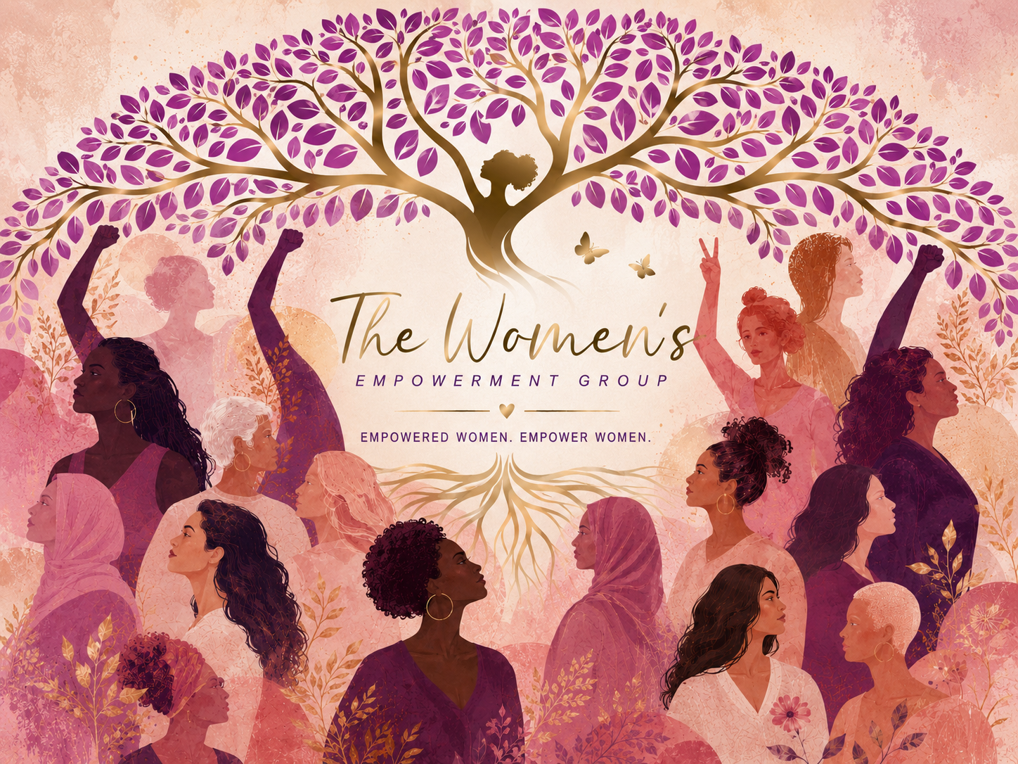 The Women's Empowerment Group artwork with women, tree canopy, and empowerment message