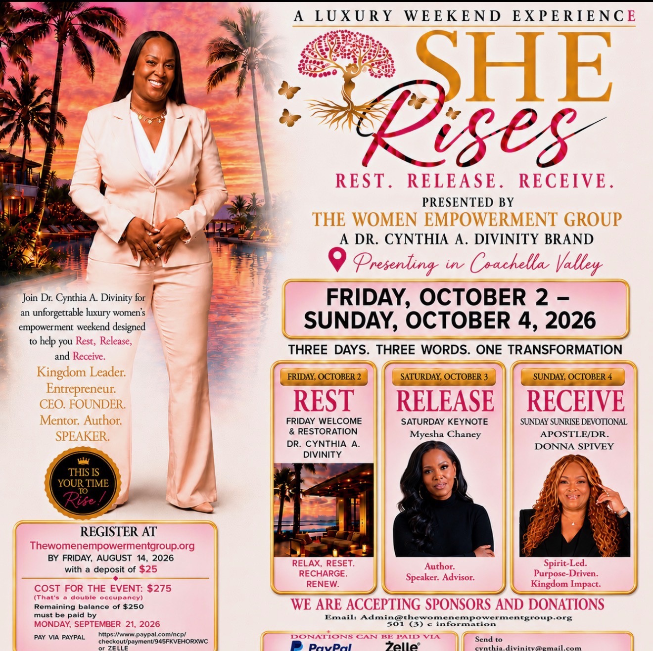 She Rises 2026 luxury women's empowerment weekend final flyer